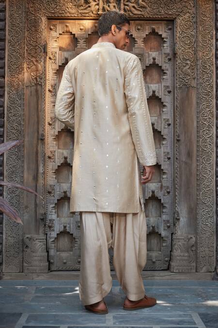 Shop Bohame Beige Chanderi, Tussar Embroidery, Mirrors Kaedyn Chikankari Kurta With Salwar at Aza Fashions Shop_Bohame_Beige Chanderi, Tussar Embroidery, Mirrors Kaedyn Chikankari Kurta With Salwar_at_Aza_Fashions