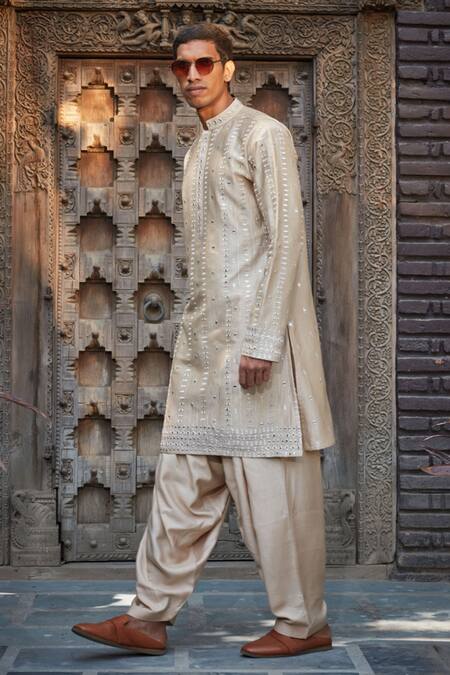 Bohame Beige Chanderi, Tussar Embroidery, Mirrors Kaedyn Chikankari Kurta With Salwar Online at Aza Fashions Bohame_Beige Chanderi, Tussar Embroidery, Mirrors Kaedyn Chikankari Kurta With Salwar_Online_at_Aza_Fashions