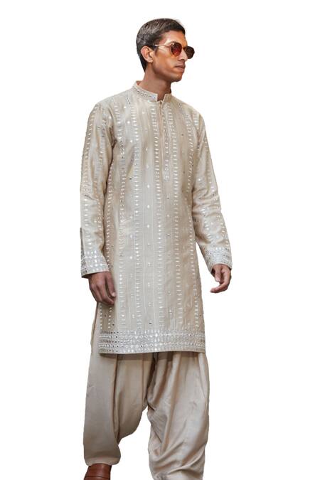 Shop Bohame Beige Chanderi, Tussar Embroidery, Mirrors Kaedyn Chikankari Kurta With Salwar Online at Aza Fashions Shop_Bohame_Beige Chanderi, Tussar Embroidery, Mirrors Kaedyn Chikankari Kurta With Salwar_Online_at_Aza_Fashions