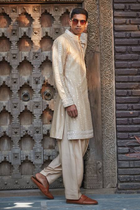 Bohame Beige Chanderi, Tussar Embroidery, Mirrors Kaedyn Chikankari Kurta With Salwar at Aza Fashions Bohame_Beige Chanderi, Tussar Embroidery, Mirrors Kaedyn Chikankari Kurta With Salwar_at_Aza_Fashions