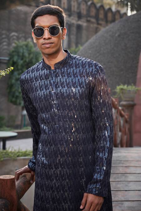 Bohame_Blue Georgette, Rayon Embroidery, Sequins Karlos Kurta With Salwar_at_Aza_Fashions