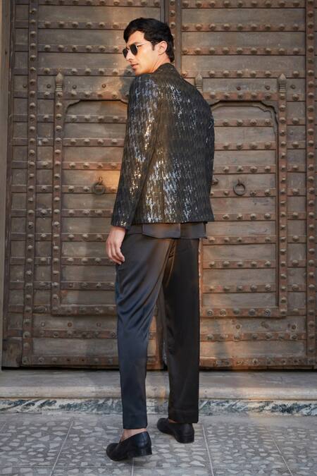 Shop Bohame Black Georgette, Satin Embroidery, Sequins Keith Jacket With Kurta Set at Aza Fashions Shop_Bohame_Black Georgette, Satin Embroidery, Sequins Keith Jacket With Kurta Set_at_Aza_Fashions