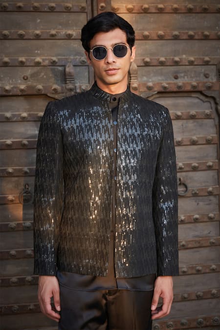Bohame Black Georgette, Satin Embroidery, Sequins Keith Jacket With Kurta Set at Aza Fashions Bohame_Black Georgette, Satin Embroidery, Sequins Keith Jacket With Kurta Set_at_Aza_Fashions