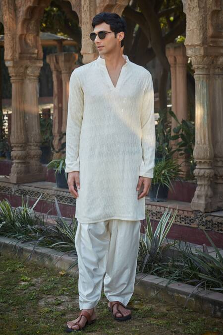 Bohame_Ivory Tussar Embroidery, Sequins Luke Kurta With Salwar_Online_at_Aza_Fashions