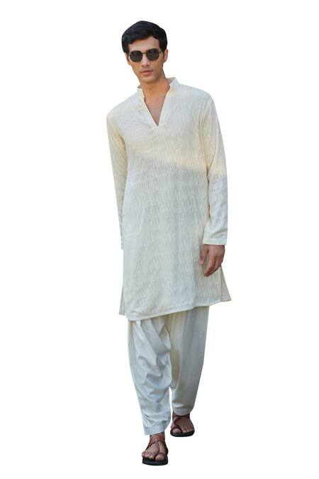 Buy_Bohame_Ivory Tussar Embroidery, Sequins Luke Kurta With Salwar_Online_at_Aza_Fashions