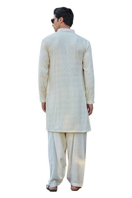 Shop_Bohame_Ivory Tussar Embroidery, Sequins Luke Kurta With Salwar_Online_at_Aza_Fashions