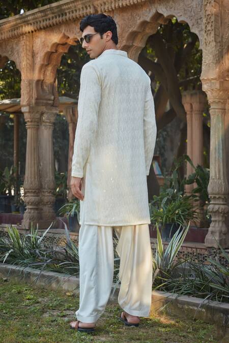 Bohame_Ivory Tussar Embroidery, Sequins Luke Kurta With Salwar_at_Aza_Fashions