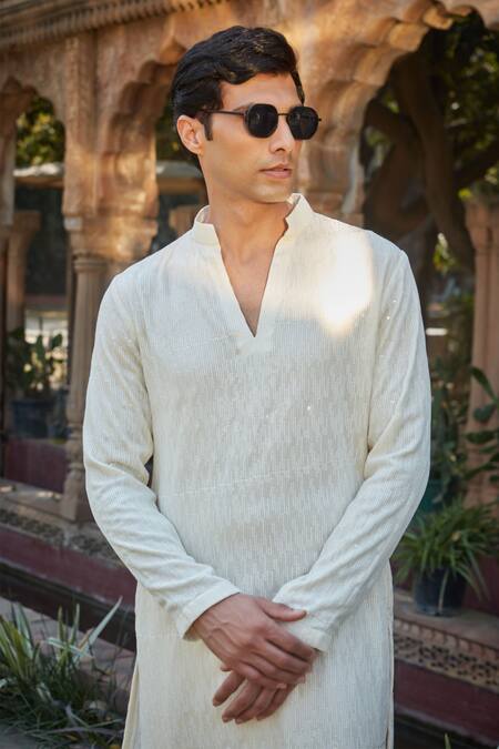 Shop_Bohame_Ivory Tussar Embroidery, Sequins Luke Kurta With Salwar