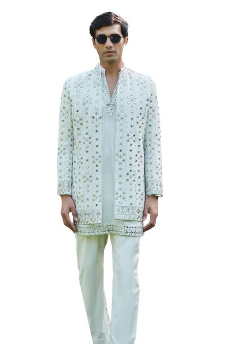Buy_Bohame_Ivory Georgette, Tussar Embroidery, Max Chikankari Jacket With Kurta Set_Online_at_Aza_Fashions