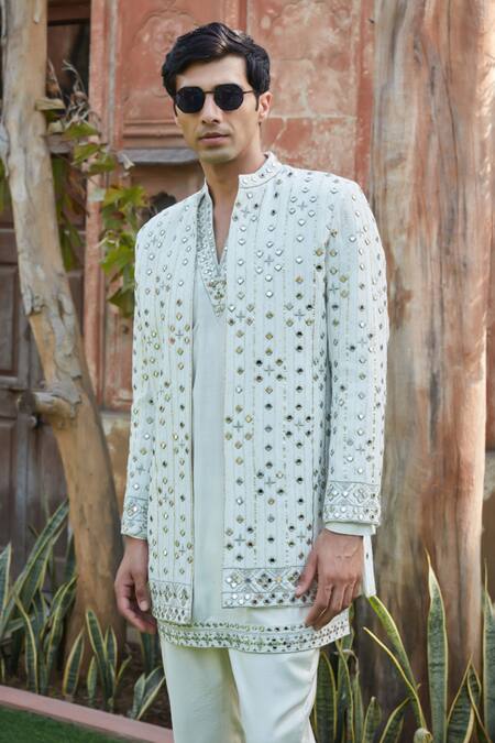 Shop_Bohame_Ivory Georgette, Tussar Embroidery, Max Chikankari Jacket With Kurta Set_Online_at_Aza_Fashions