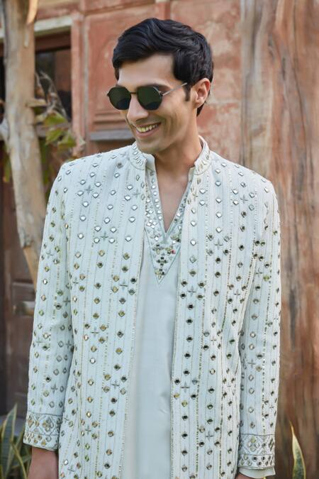 Bohame_Ivory Georgette, Tussar Embroidery, Max Chikankari Jacket With Kurta Set_at_Aza_Fashions