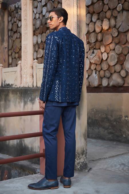 Shop Bohame Blue Georgette, Cotton Satin Embroidery, Owen Chikankari Jacket With Kurta Set at Aza Fashions Shop_Bohame_Blue Georgette, Cotton Satin Embroidery, Owen Chikankari Jacket With Kurta Set_at_Aza_Fashions