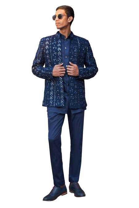 Shop Bohame Blue Georgette, Cotton Satin Embroidery, Owen Chikankari Jacket With Kurta Set Online at Aza Fashions Shop_Bohame_Blue Georgette, Cotton Satin Embroidery, Owen Chikankari Jacket With Kurta Set_Online_at_Aza_Fashions