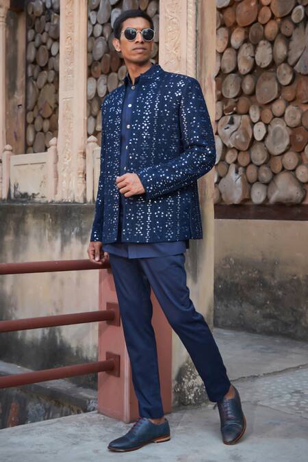 Bohame Blue Georgette, Cotton Satin Embroidery, Owen Chikankari Jacket With Kurta Set at Aza Fashions Bohame_Blue Georgette, Cotton Satin Embroidery, Owen Chikankari Jacket With Kurta Set_at_Aza_Fashions