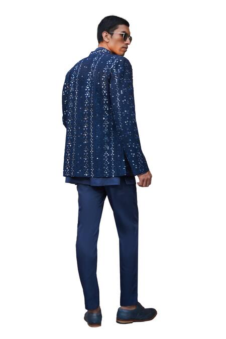 Shop Bohame Blue Georgette, Cotton Satin Embroidery, Owen Chikankari Jacket With Kurta Set Shop_Bohame_Blue Georgette, Cotton Satin Embroidery, Owen Chikankari Jacket With Kurta Set