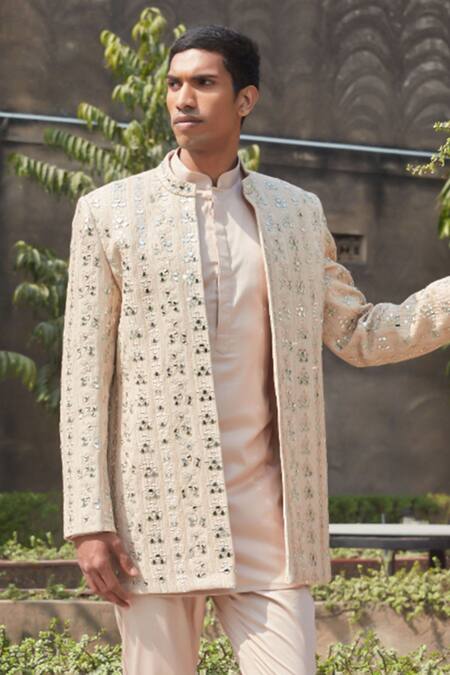 Buy_Bohame_Beige Georgette, Cotton Satin Embroidery, Rowan Chicanery Jacket With Kurta Set_Online_at_Aza_Fashions