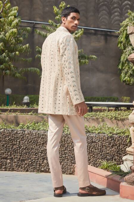 Bohame_Beige Georgette, Cotton Satin Embroidery, Rowan Chicanery Jacket With Kurta Set_at_Aza_Fashions