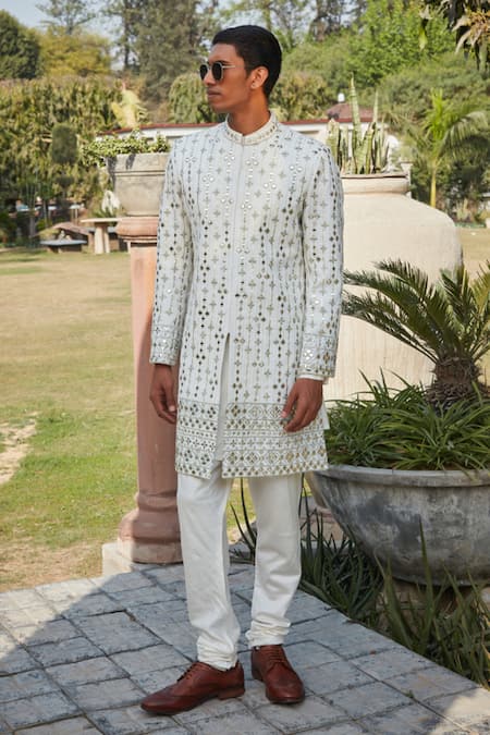 Bohame_Ivory Georgette, Tussar Embroidery, Troy Chikankari Achkan Jacket With Kurta Set_Online_at_Aza_Fashions