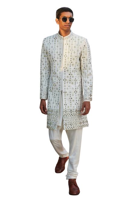 Buy_Bohame_Ivory Georgette, Tussar Embroidery, Troy Chikankari Achkan Jacket With Kurta Set_Online_at_Aza_Fashions