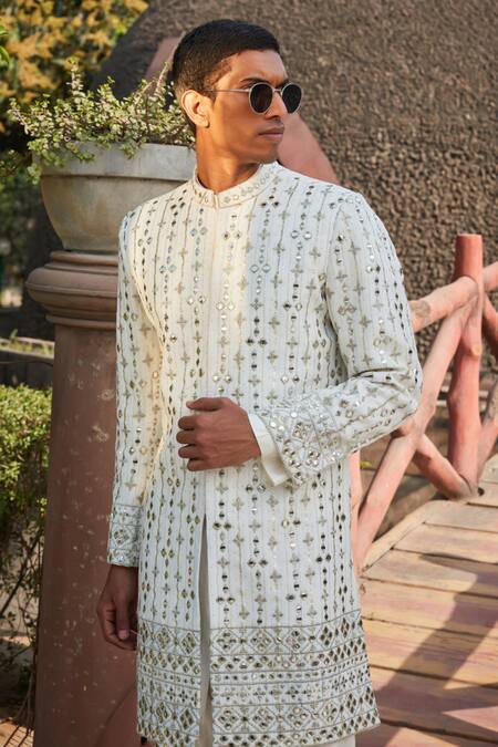 Shop_Bohame_Ivory Georgette, Tussar Embroidery, Troy Chikankari Achkan Jacket With Kurta Set_Online_at_Aza_Fashions