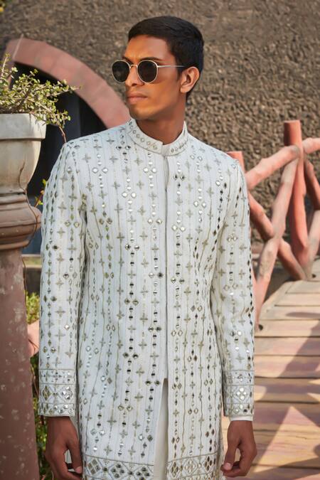 Bohame_Ivory Georgette, Tussar Embroidery, Troy Chikankari Achkan Jacket With Kurta Set_at_Aza_Fashions