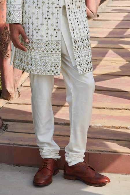Buy_Bohame_Ivory Georgette, Tussar Embroidery, Troy Chikankari Achkan Jacket With Kurta Set