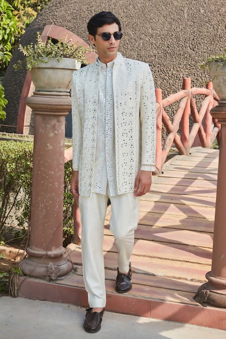 Bohame_White Georgette, Tussar, Silk Chains, Zach Chikankari Jacket With Kurta Set _Online_at_Aza_Fashions