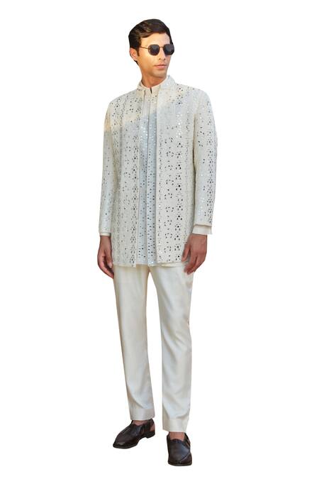 Buy_Bohame_White Georgette, Tussar, Silk Chains, Zach Chikankari Jacket With Kurta Set _Online_at_Aza_Fashions