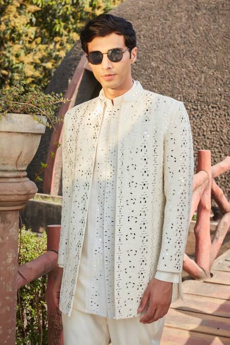Bohame_White Georgette, Tussar, Silk Chains, Zach Chikankari Jacket With Kurta Set _at_Aza_Fashions