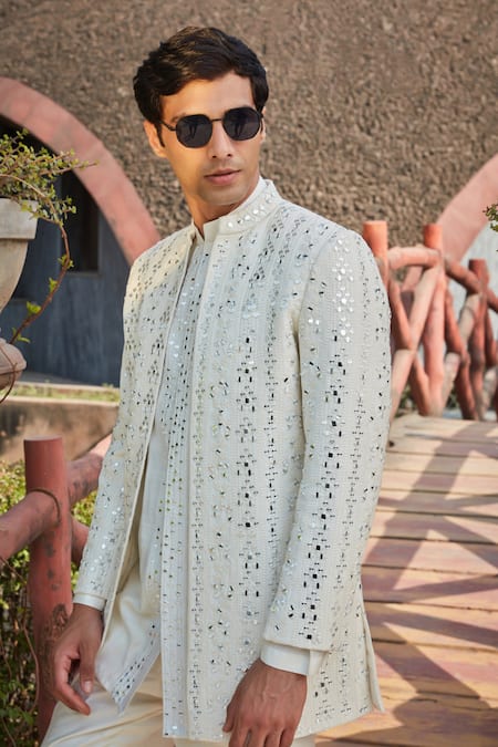 Buy_Bohame_White Georgette, Tussar, Silk Chains, Zach Chikankari Jacket With Kurta Set 