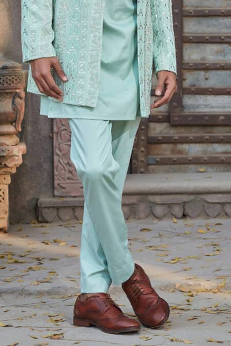 Bohame_Green Georgette, Cotton Satin Blaine Chikankari Jacket With Kurta Set_Online_at_Aza_Fashions