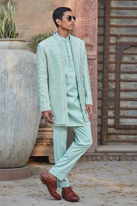 Buy_Bohame_Green Georgette, Cotton Satin Blaine Chikankari Jacket With Kurta Set_Online_at_Aza_Fashions
