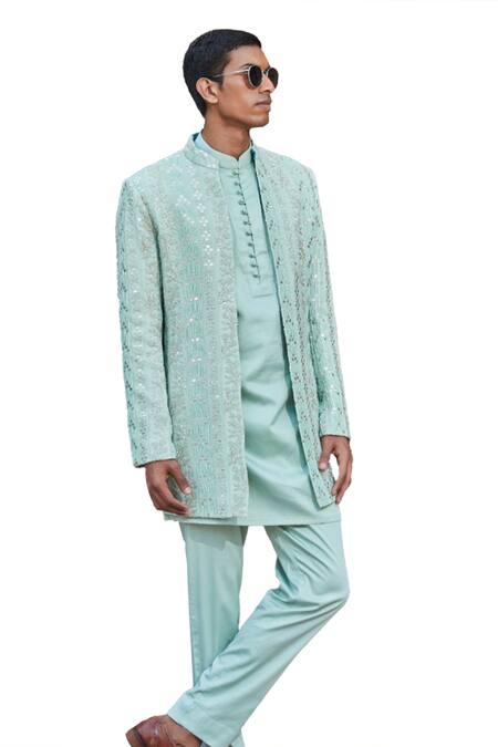 Shop_Bohame_Green Georgette, Cotton Satin Blaine Chikankari Jacket With Kurta Set_Online_at_Aza_Fashions