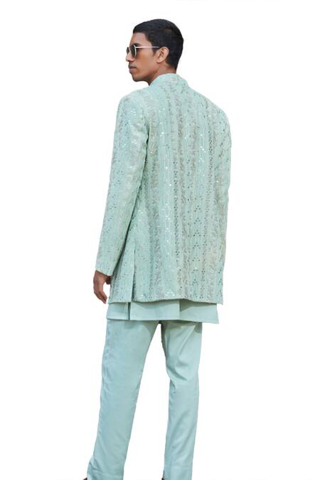 Bohame_Green Georgette, Cotton Satin Blaine Chikankari Jacket With Kurta Set_at_Aza_Fashions