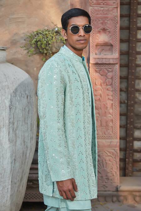 Buy_Bohame_Green Georgette, Cotton Satin Blaine Chikankari Jacket With Kurta Set