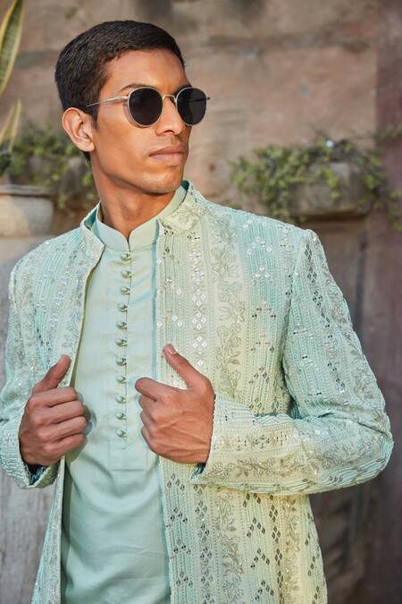 Shop_Bohame_Green Georgette, Cotton Satin Blaine Chikankari Jacket With Kurta Set