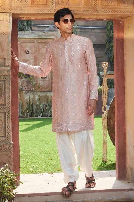 Shop Bohame Peach Chanderi, Tussar Mirrors, Embroidery Ross Chikankari Kurta With Salwar at Aza Fashions Shop_Bohame_Peach Chanderi, Tussar Mirrors, Embroidery Ross Chikankari Kurta With Salwar_at_Aza_Fashions