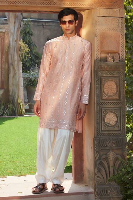 Bohame Peach Chanderi, Tussar Mirrors, Embroidery Ross Chikankari Kurta With Salwar Online at Aza Fashions Bohame_Peach Chanderi, Tussar Mirrors, Embroidery Ross Chikankari Kurta With Salwar_Online_at_Aza_Fashions