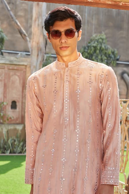 Shop Bohame Peach Chanderi, Tussar Mirrors, Embroidery Ross Chikankari Kurta With Salwar Online at Aza Fashions Shop_Bohame_Peach Chanderi, Tussar Mirrors, Embroidery Ross Chikankari Kurta With Salwar_Online_at_Aza_Fashions