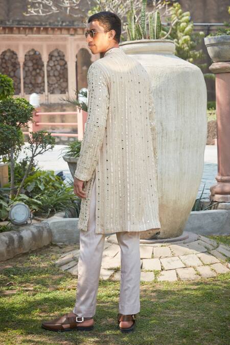 Shop_Bohame_Beige Georgette, Tussar Embroidery, Mirrors Achill Chikankari Kurta With Pant_at_Aza_Fashions