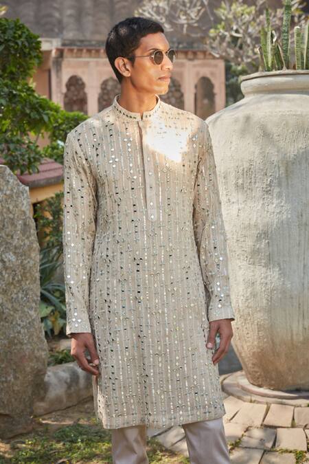 Bohame_Beige Georgette, Tussar Embroidery, Mirrors Achill Chikankari Kurta With Pant_Online_at_Aza_Fashions