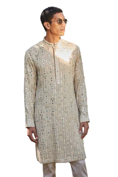 Buy_Bohame_Beige Georgette, Tussar Embroidery, Mirrors Achill Chikankari Kurta With Pant_Online_at_Aza_Fashions