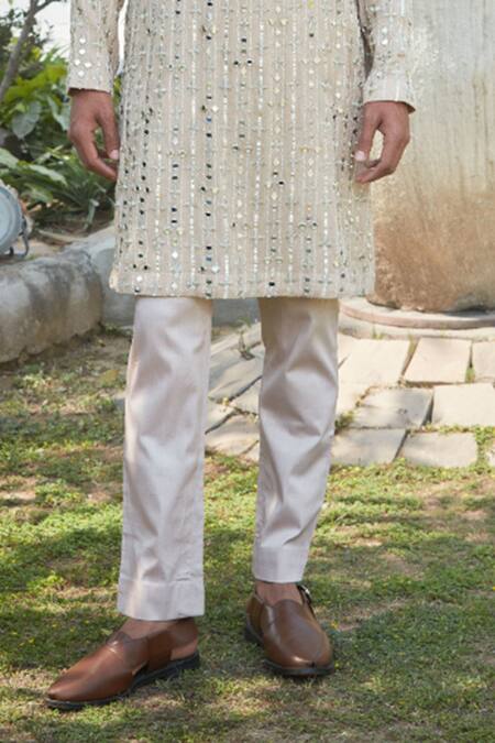 Shop_Bohame_Beige Georgette, Tussar Embroidery, Mirrors Achill Chikankari Kurta With Pant_Online_at_Aza_Fashions