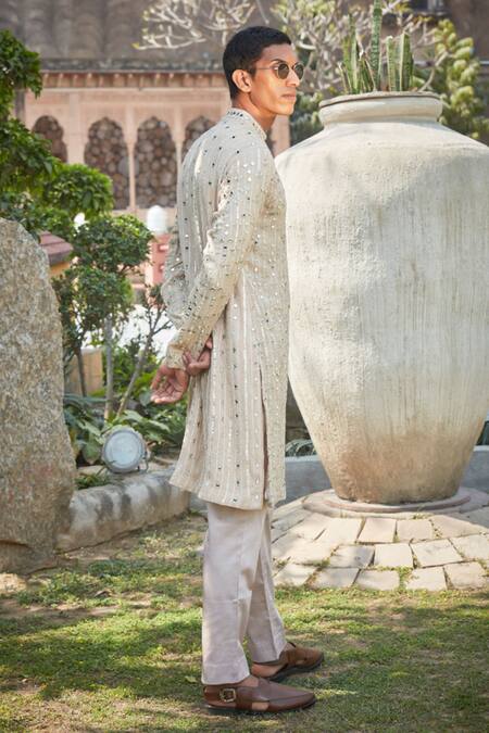 Bohame_Beige Georgette, Tussar Embroidery, Mirrors Achill Chikankari Kurta With Pant_at_Aza_Fashions
