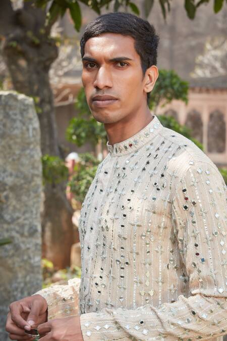 Shop_Bohame_Beige Georgette, Tussar Embroidery, Mirrors Achill Chikankari Kurta With Pant