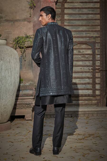 Shop Bohame Black Denim, Chanderi, Terrycloth Alan Chikankari Jacket With Kurta Set at Aza Fashions Shop_Bohame_Black Denim, Chanderi, Terrycloth Alan Chikankari Jacket With Kurta Set_at_Aza_Fashions