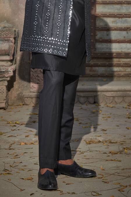 Bohame Black Denim, Chanderi, Terrycloth Alan Chikankari Jacket With Kurta Set Online at Aza Fashions Bohame_Black Denim, Chanderi, Terrycloth Alan Chikankari Jacket With Kurta Set_Online_at_Aza_Fashions