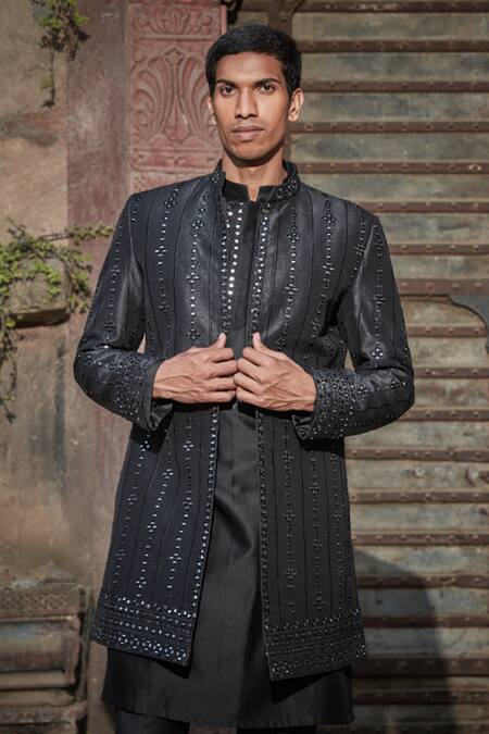 Shop Bohame Black Denim, Chanderi, Terrycloth Alan Chikankari Jacket With Kurta Set Online at Aza Fashions Shop_Bohame_Black Denim, Chanderi, Terrycloth Alan Chikankari Jacket With Kurta Set_Online_at_Aza_Fashions