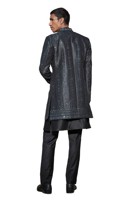 Bohame Black Denim, Chanderi, Terrycloth Alan Chikankari Jacket With Kurta Set at Aza Fashions Bohame_Black Denim, Chanderi, Terrycloth Alan Chikankari Jacket With Kurta Set_at_Aza_Fashions