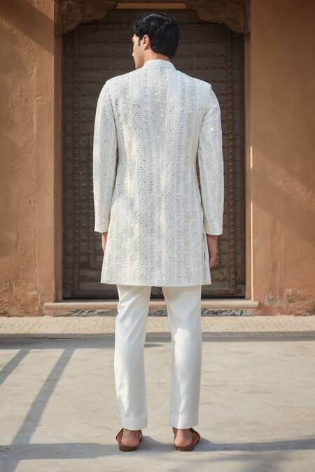 Shop Bohame Ivory Tussar, Silk Embroidery, Daniell Chikankari Sherwani With Kurta Set at Aza Fashions Shop_Bohame_Ivory Tussar, Silk Embroidery, Daniell Chikankari Sherwani With Kurta Set_at_Aza_Fashions
